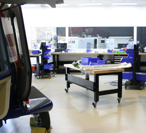 Mobile Boscotek workbenches in the HeliMods assembly bay
