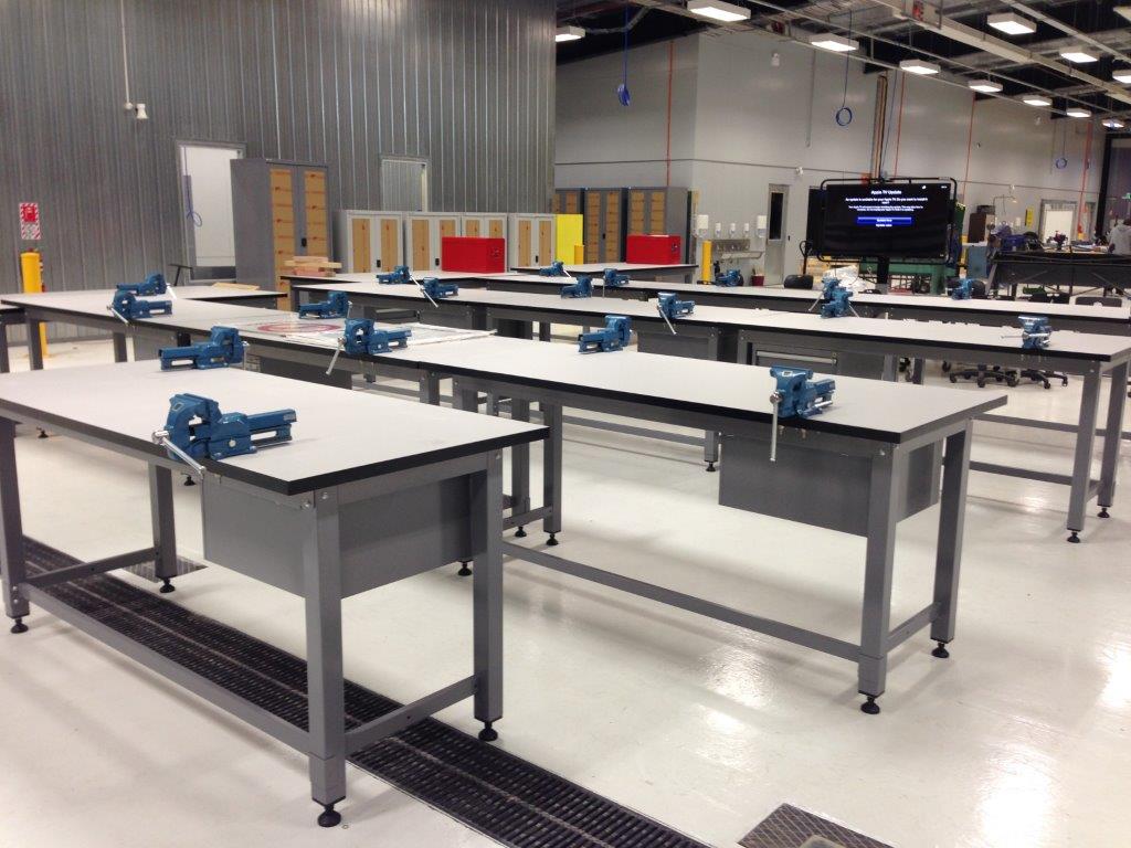 Rows of Boscotek workbenches in a Wintec workshop