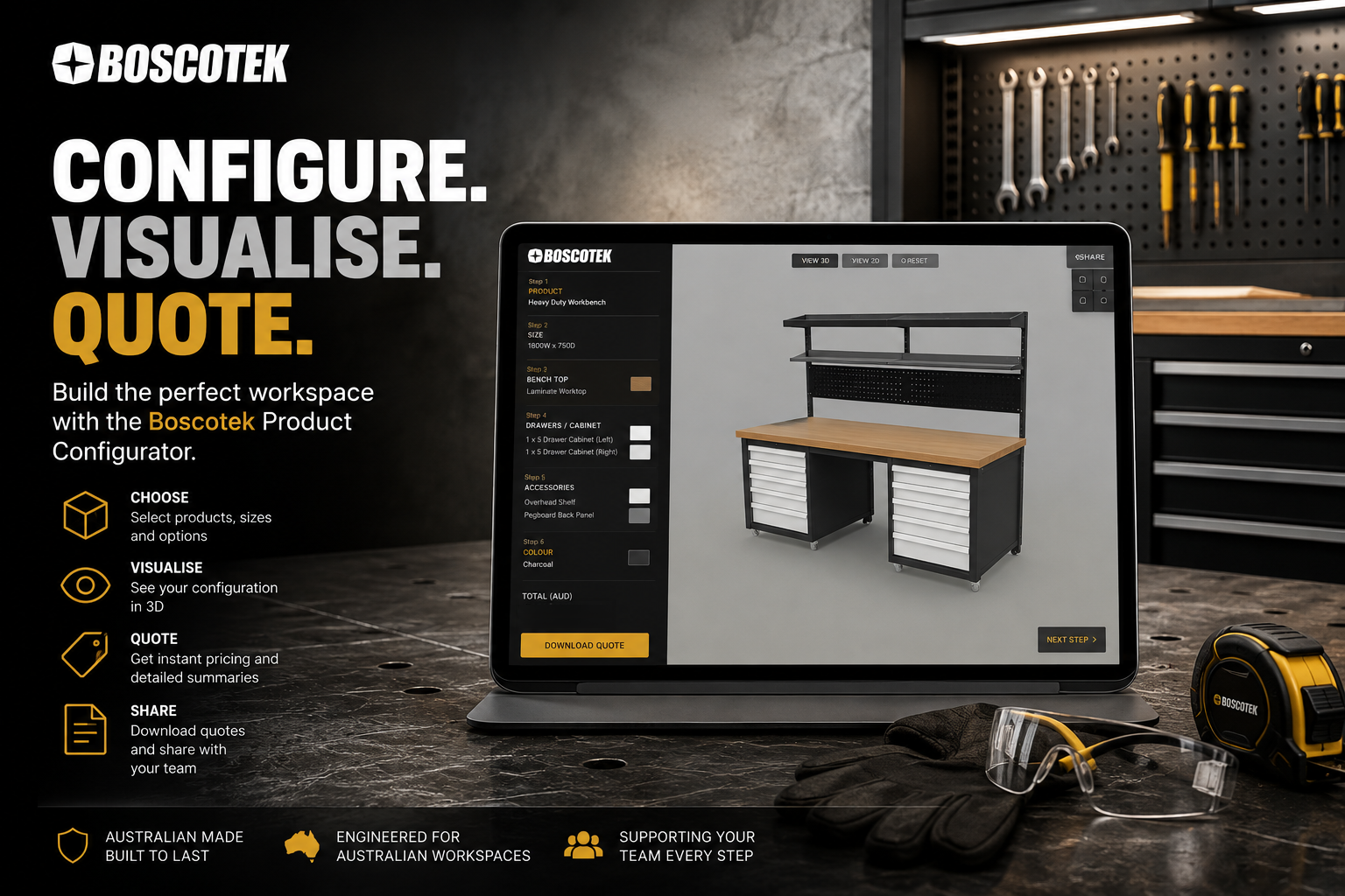 Boscotek product configurator showing a custom workbench with drawers and overhead storage