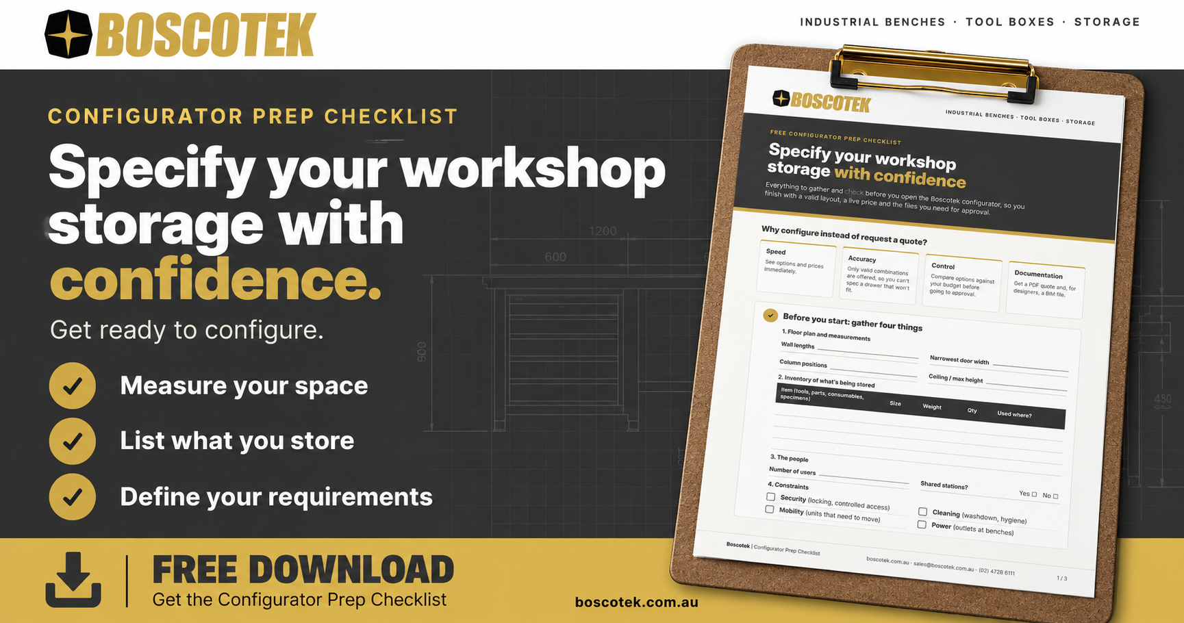 Boscotek configurator prep checklist for workshop storage, with clipboard download graphic