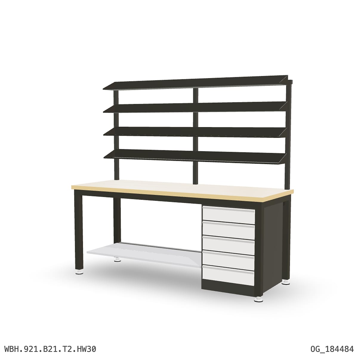 Heavy Duty Workbench 2100mm — Hardwood Oak 30mm, under-bench storage + overhead shelving by Boscotek