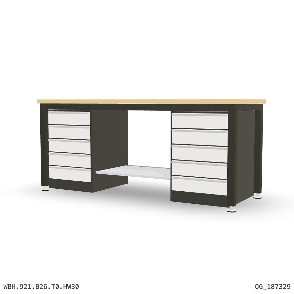 Heavy Duty Workbench 2100mm — Hardwood Oak 30mm, under-bench storage by Boscotek