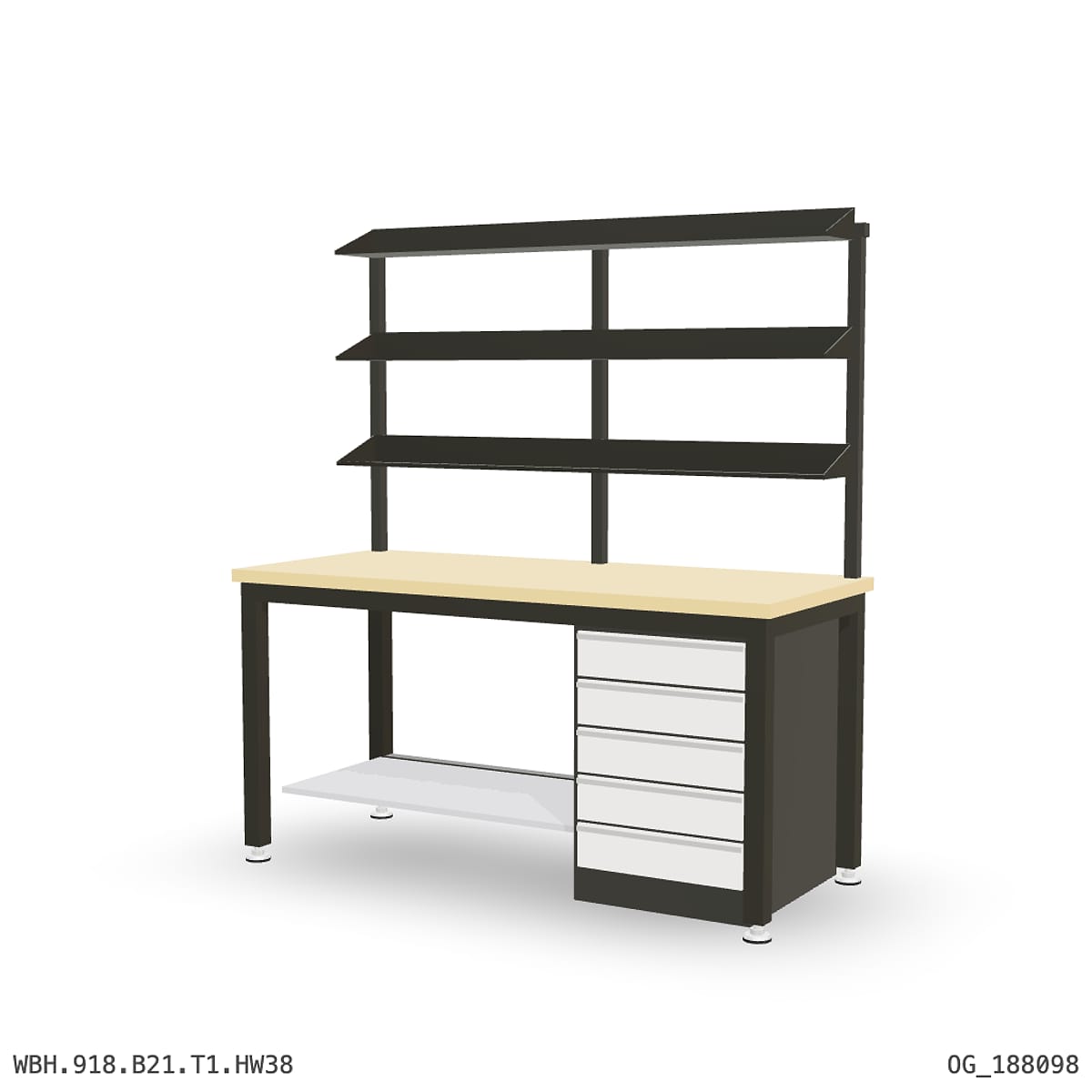 Heavy Duty Workbench 1800mm — Hardwood Oak 38mm, under-bench storage + overhead shelving by Boscotek