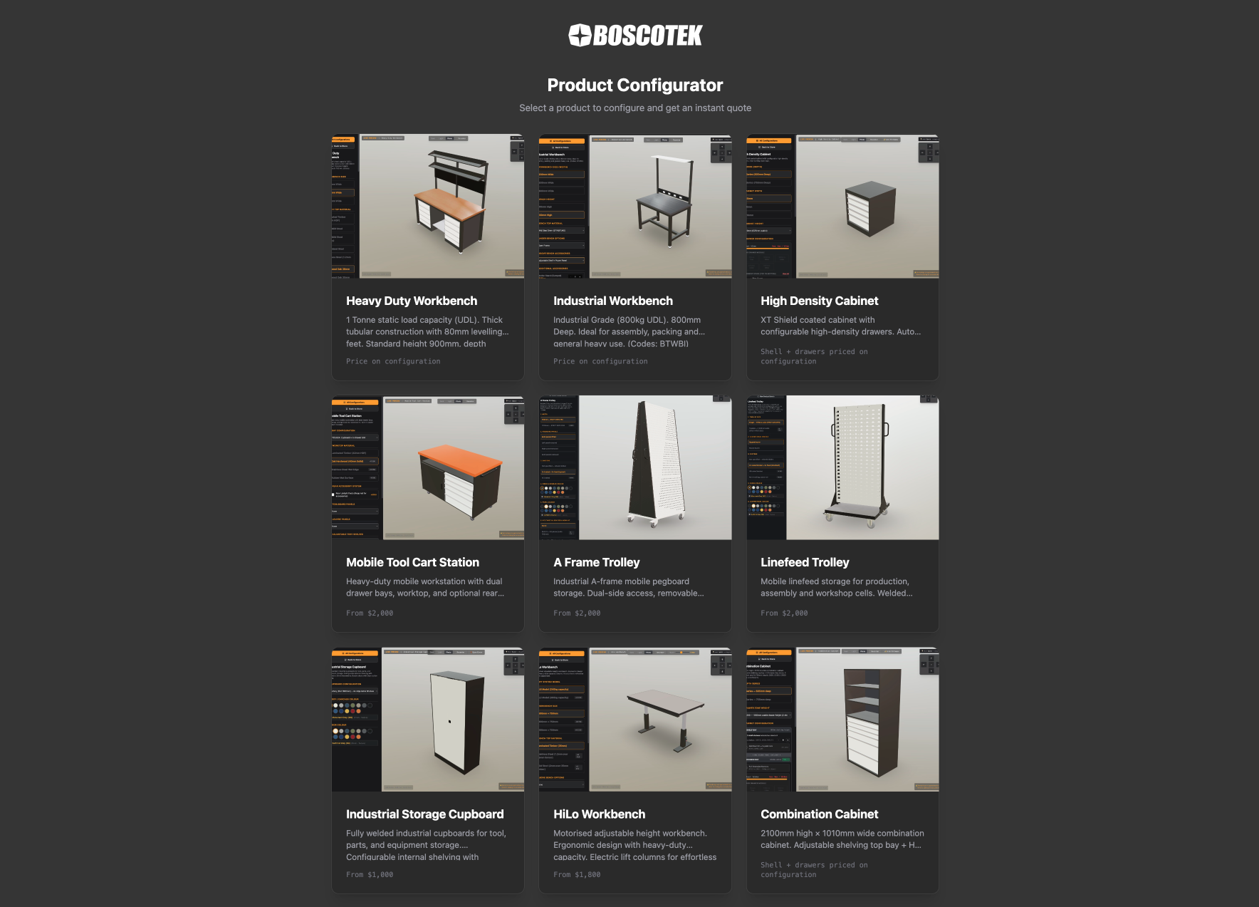 OPIE Manufacturing Group Boscotek product configurator showing industrial workbenches, cabinets and trolleys