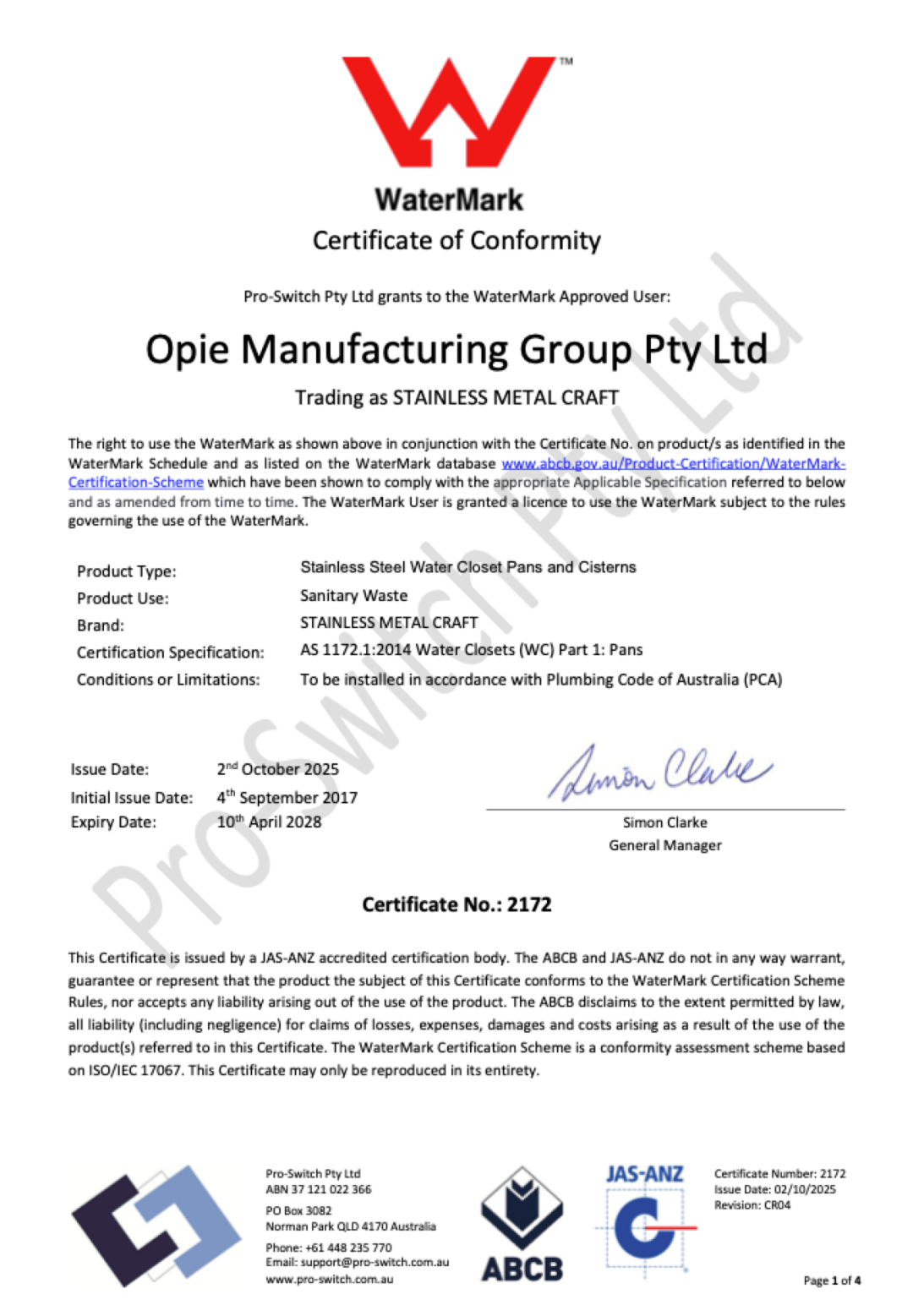 WaterMark certificate for Stainless Metal Craft products